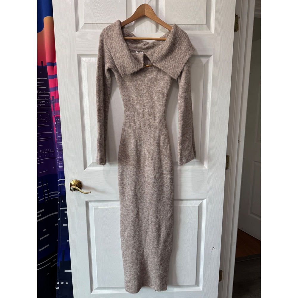 Meshki Taupe Off Shoulder Fluffy Knit Midi Dress